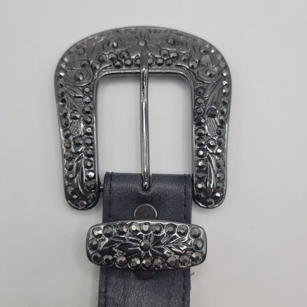 Black Leather Belt Med Western Cowgirl Rhinestone Buckle Studs Boho Rodeo Bling